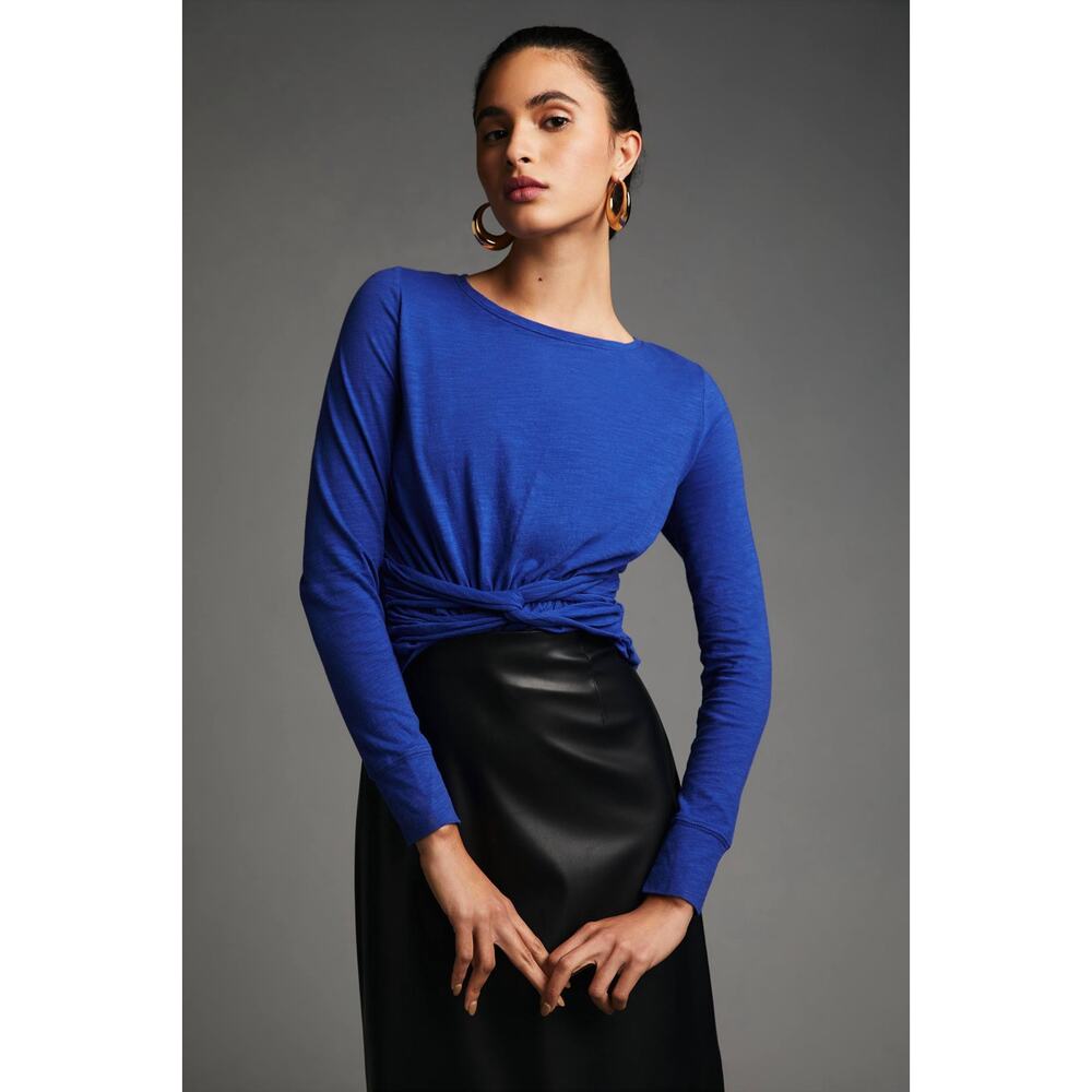 Pilcro Tie Front Royal Blue Cotton Longsleeve T-Shirt Spring Blouse Size Small